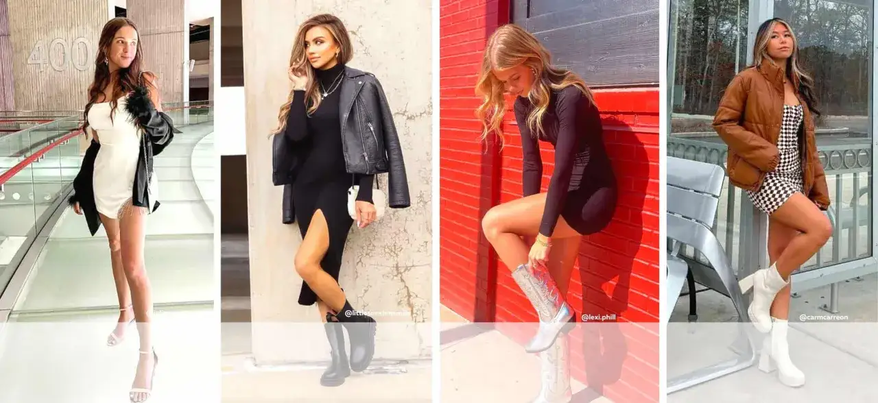Quelles chaussures avec une robe longue automne ? Bottes hautes, bottines western argentées ou bottines blanches à plateforme, plusieurs options pour un look tendance.