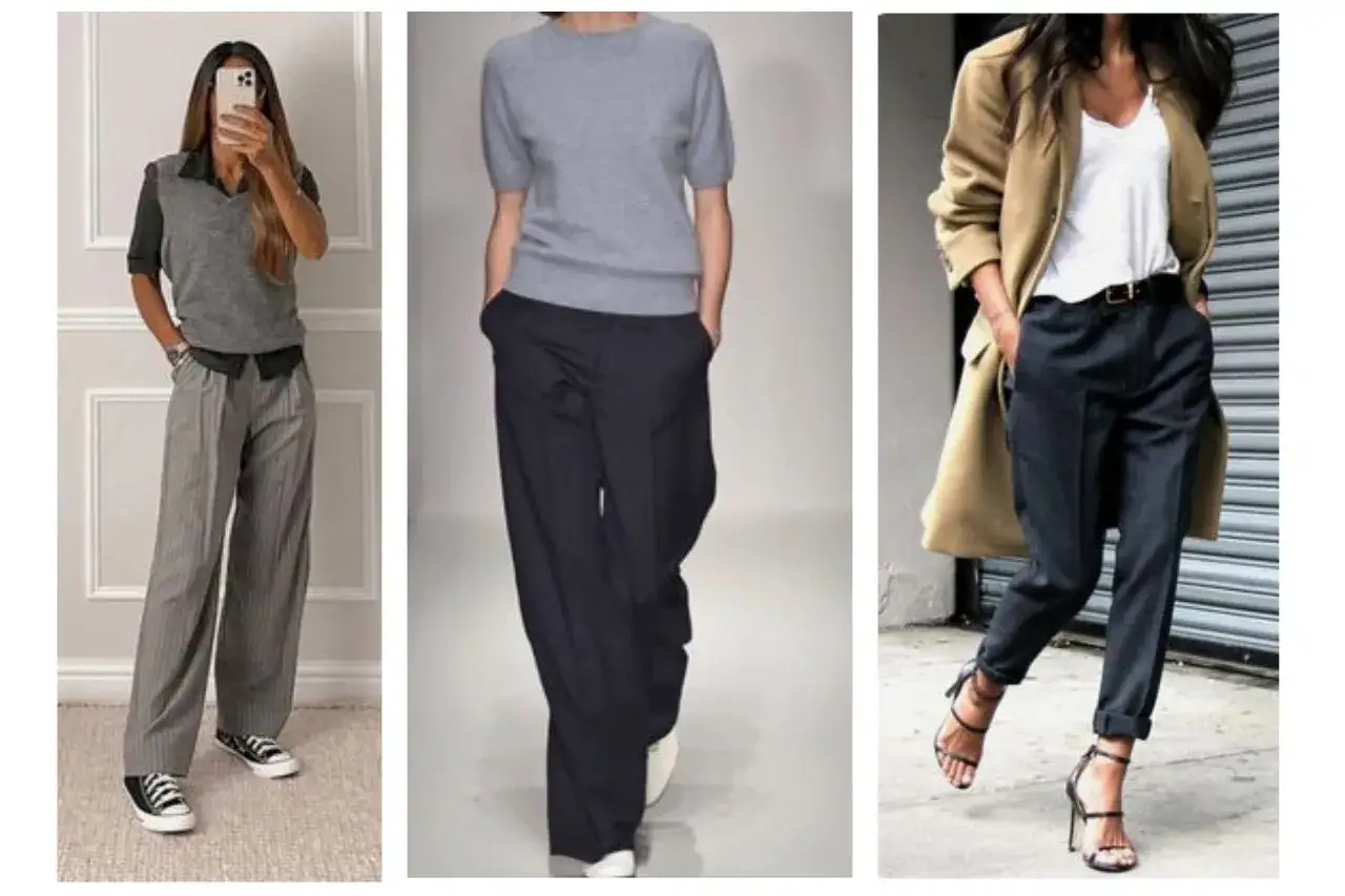 Trois femmes élégantes portent des pantalons larges, un pull gris et un manteau camel.