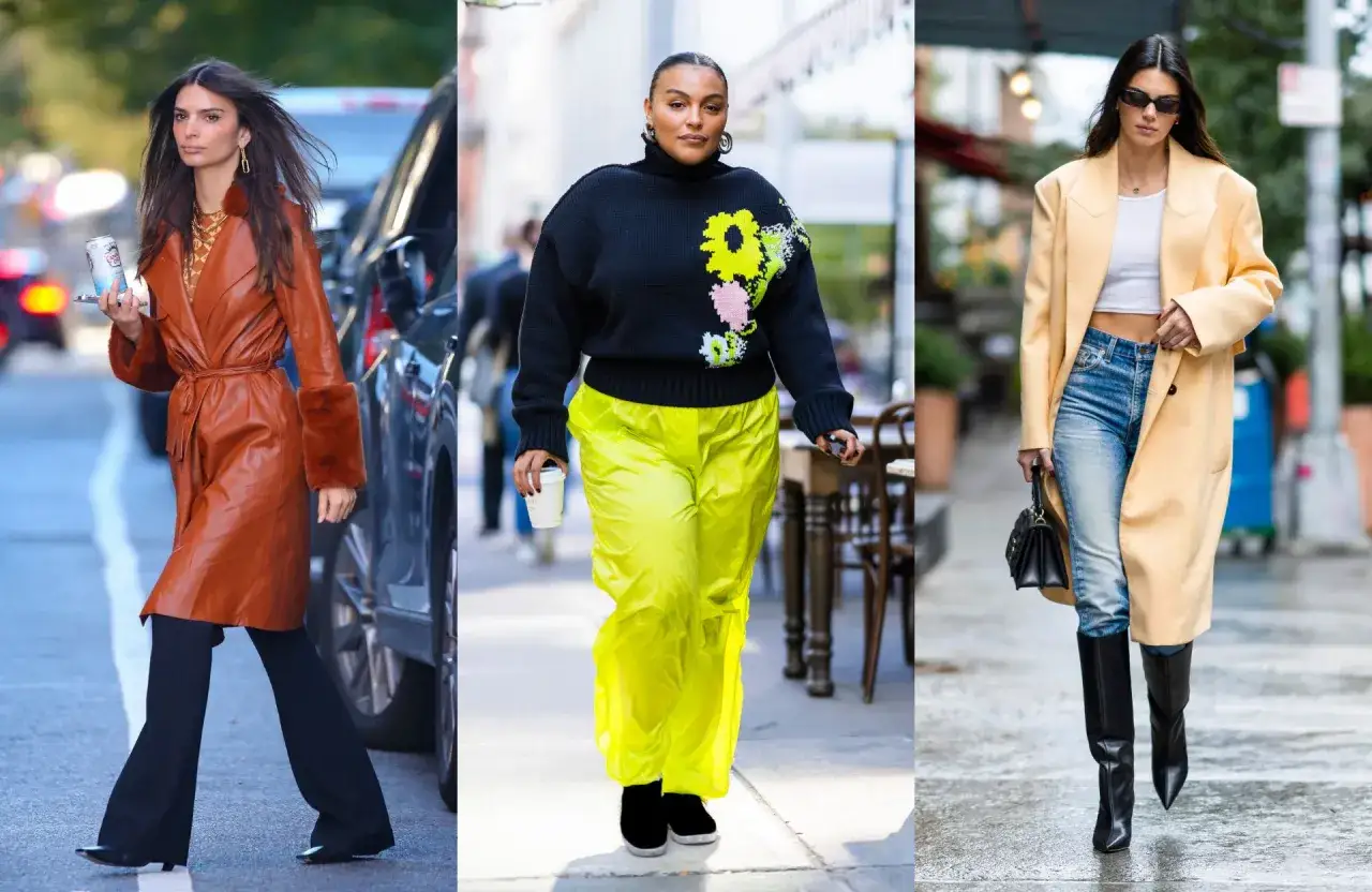 Trois femmes montrent comment s'habiller quand il fait 8 degrés : manteau en cuir, pull coloré avec pantalon fluo, ou manteau pastel sur jean.