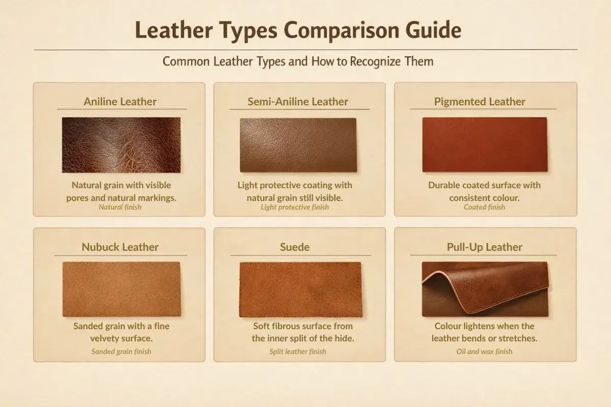 Guide comparatif des types de cuir : aniline, semi-aniline, pigmenté, nubuck, suède et pull-up. Chaque type présente des caractéristiques uniques.