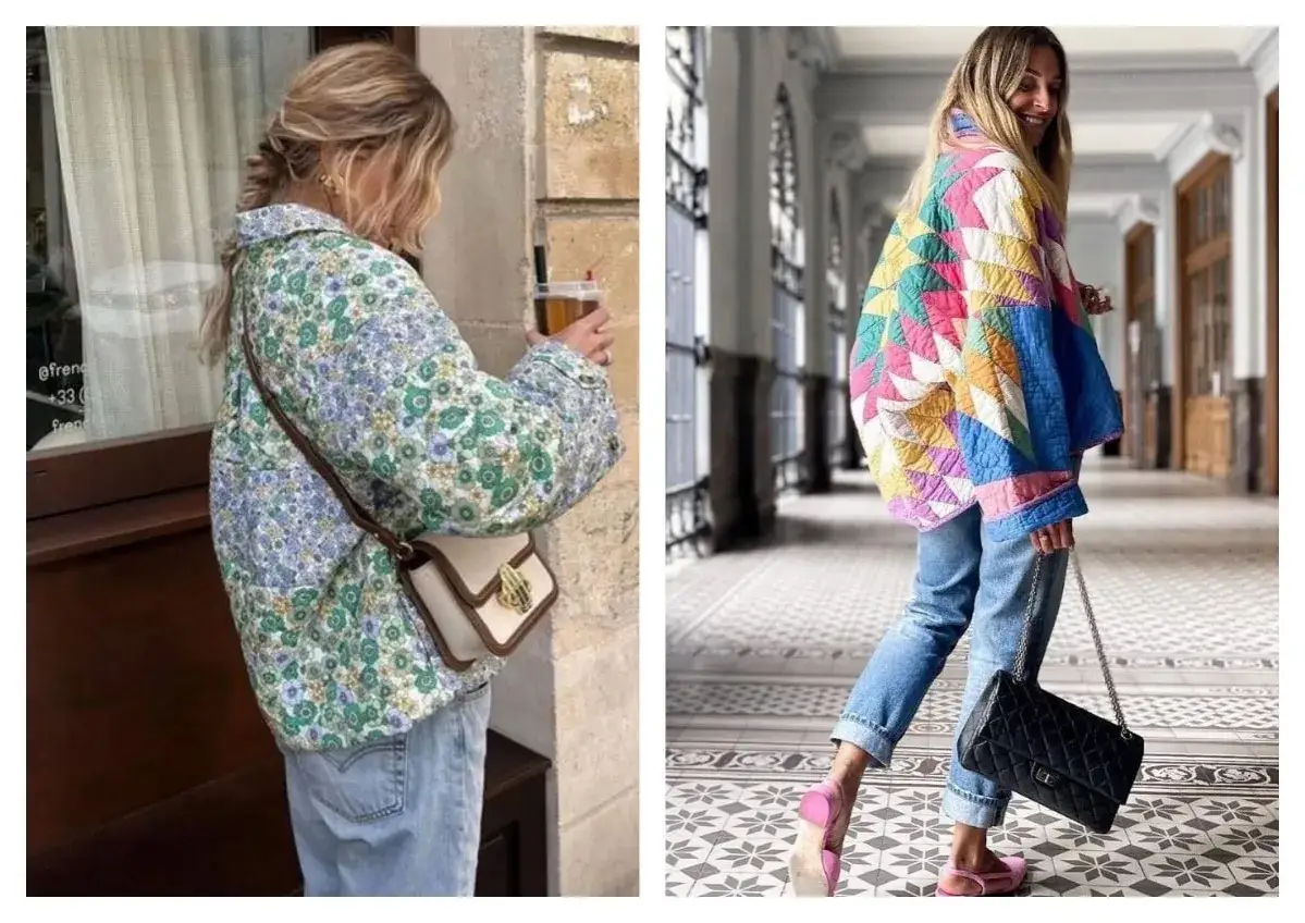 Comment s'habiller quand il fait 12 degrés femme : vestes matelassées fleuries ou patchwork, jean, sac bandoulière ou chaîne, ballerines ou mules.