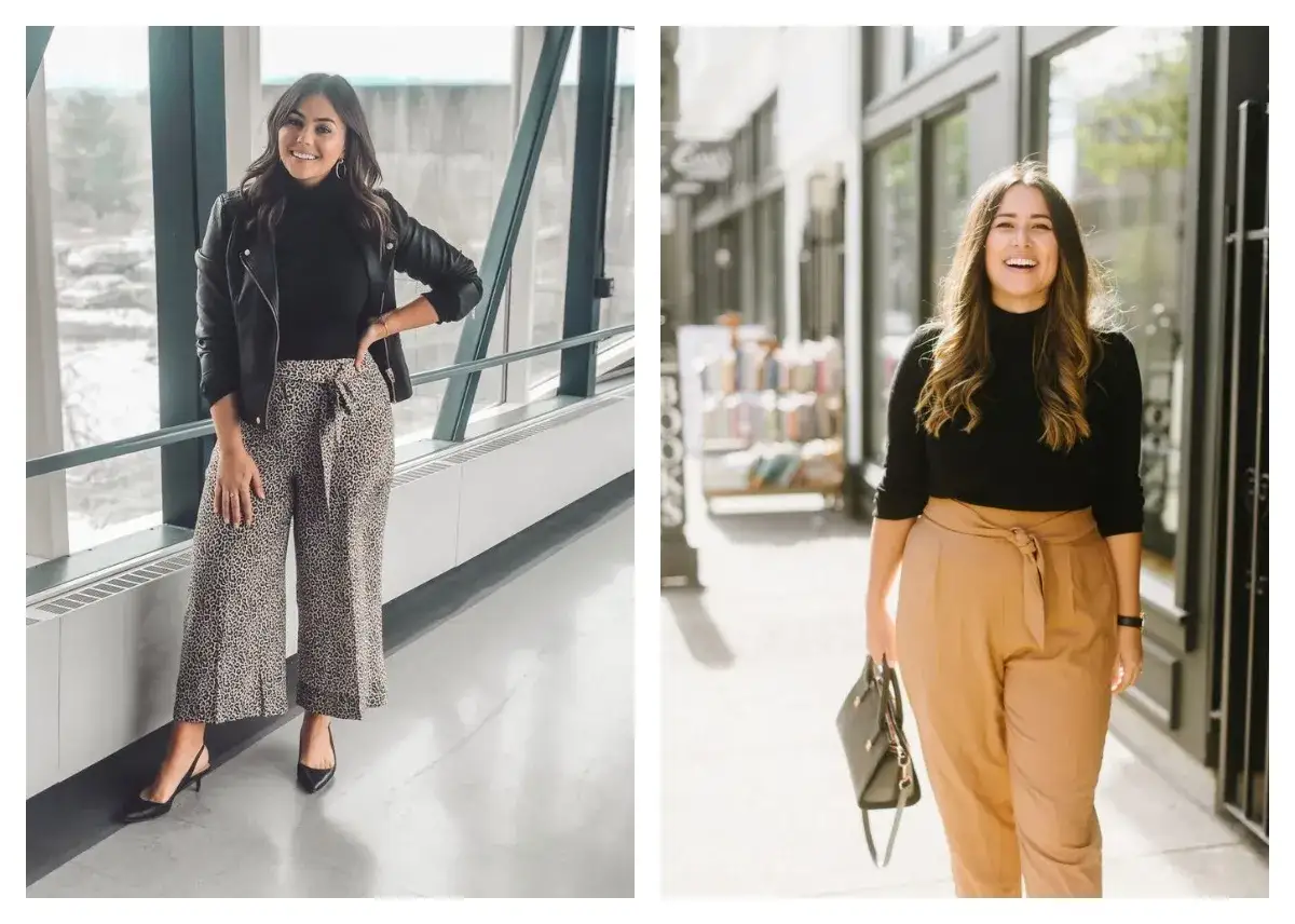 Deux femmes montrent comment s'habiller quand on est petite et ronde : pantalon taille haute imprimé léopard et pantalon camel chic.