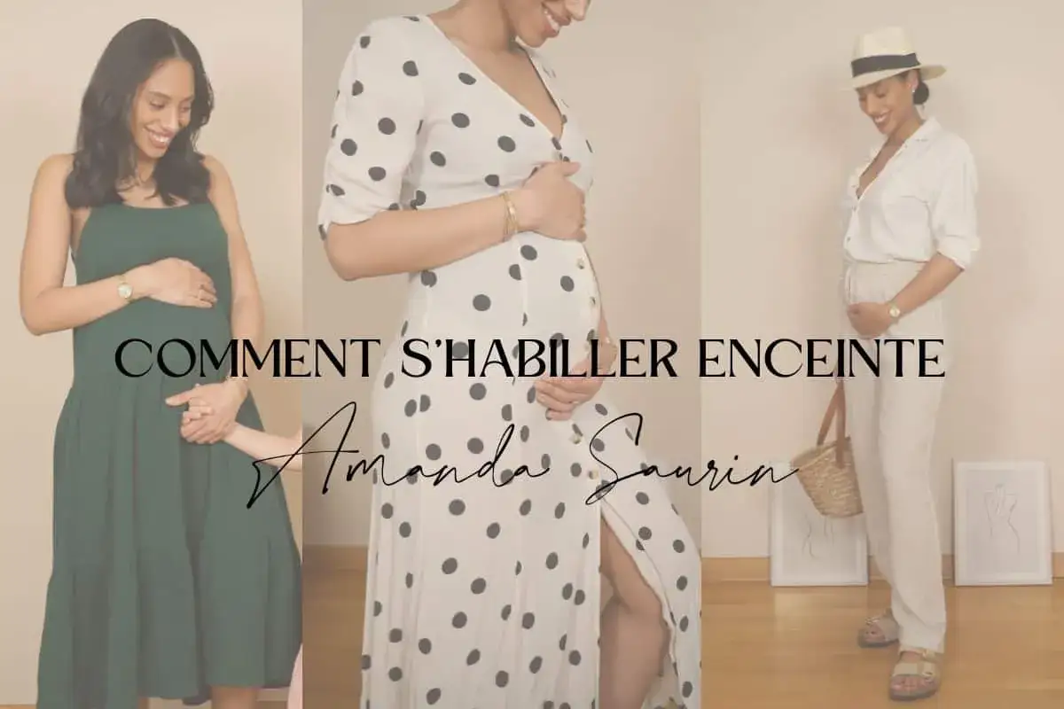 Trois femmes enceintes montrent comment s'habiller enceinte avec style : robe verte, robe à pois, tenue pantalon et chemise.