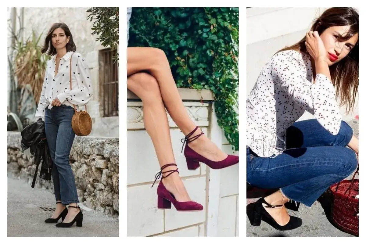 Trois femmes adoptent un style mary style décontracté chic : chemise à pois, jean, et escarpins.