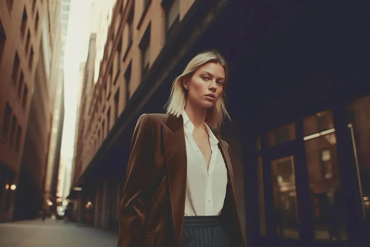 Une femme grande et mince, v&ecirc;tue d'un blazer marron et d'une chemise blanche, pose dans une rue urbaine. Id&eacute;al pour savoir comment s'habiller quand on est grande et mince.