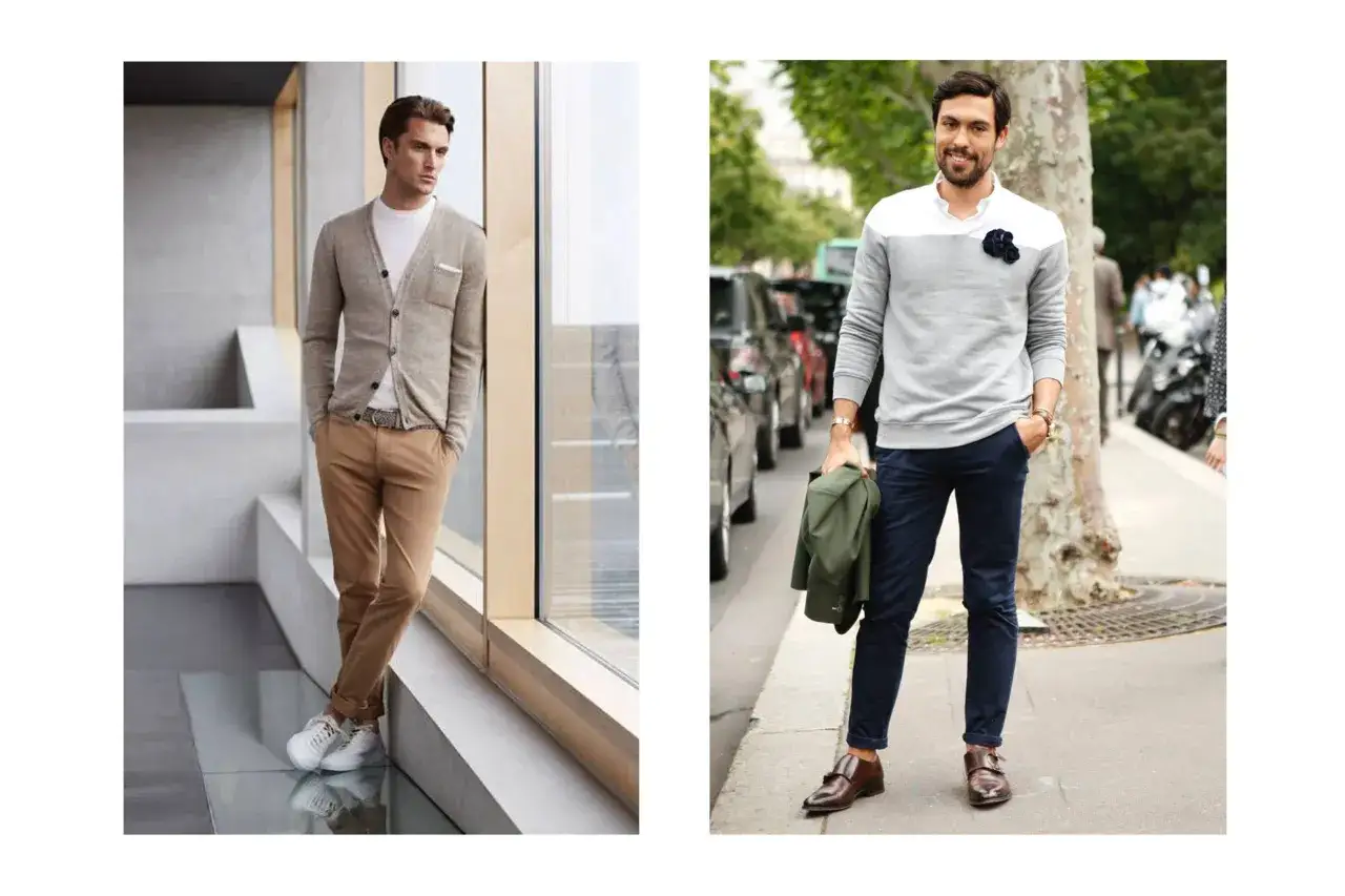 Deux hommes élégants montrent pourquoi bien s'habiller au travail est important. L'un porte un cardigan beige, l'autre un pull gris.