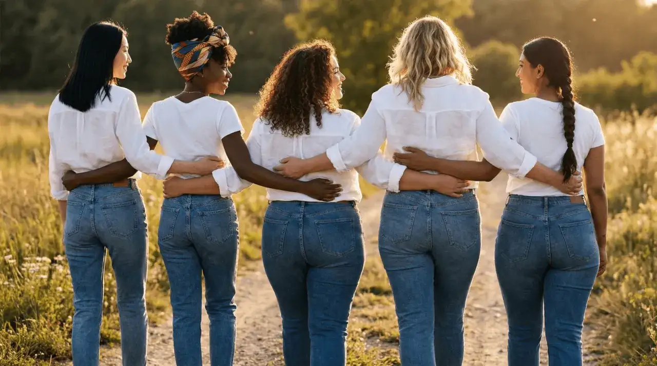 Cinq femmes, chacune avec une silhouette athl&eacute;tique, marchent ensemble, bras dessus, bras dessous, dans un champ dor&eacute;.