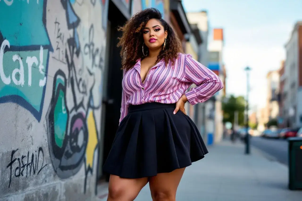 Une femme ronde, stylée en été, porte une chemise à rayures roses et une jupe noire évasée. Elle pose devant un mur couvert de graffitis.