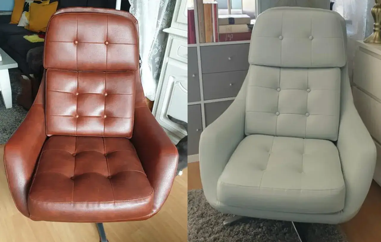 Avant/après : un fauteuil en simili cuir marron transformé en un fauteuil gris clair. Oui, on peut peindre du simili cuir pour lui donner une nouvelle vie !