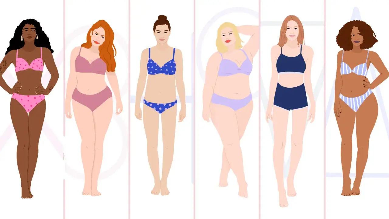 Six femmes aux différents types de corps, portant des ensembles de lingerie variés.
