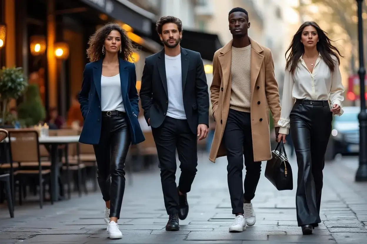 Un groupe de quatre personnes marche dans la rue, offrant une belle idée pour s'habiller. Ils portent des tenues chics et modernes.