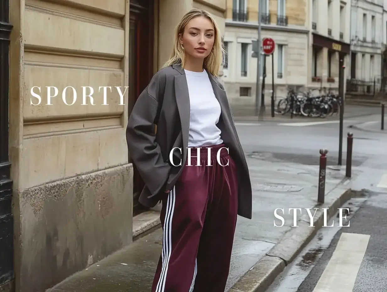 Une femme élégante dans un blazer gris et un pantalon de survêtement bordeaux, une parfaite idée pour s'habiller en mode sporty chic.