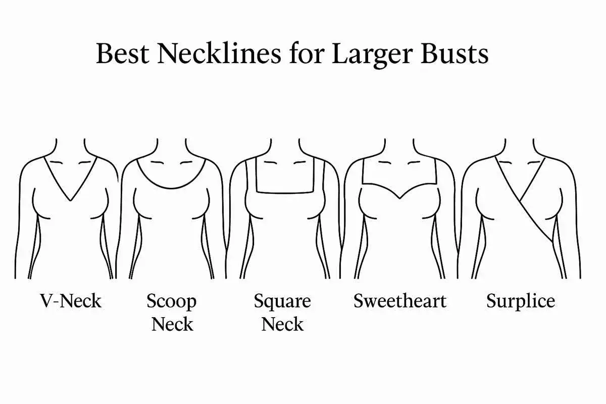 Cinq silhouettes de buste femme avec différentes encolures : V, rond, carré, cœur et portefeuille.