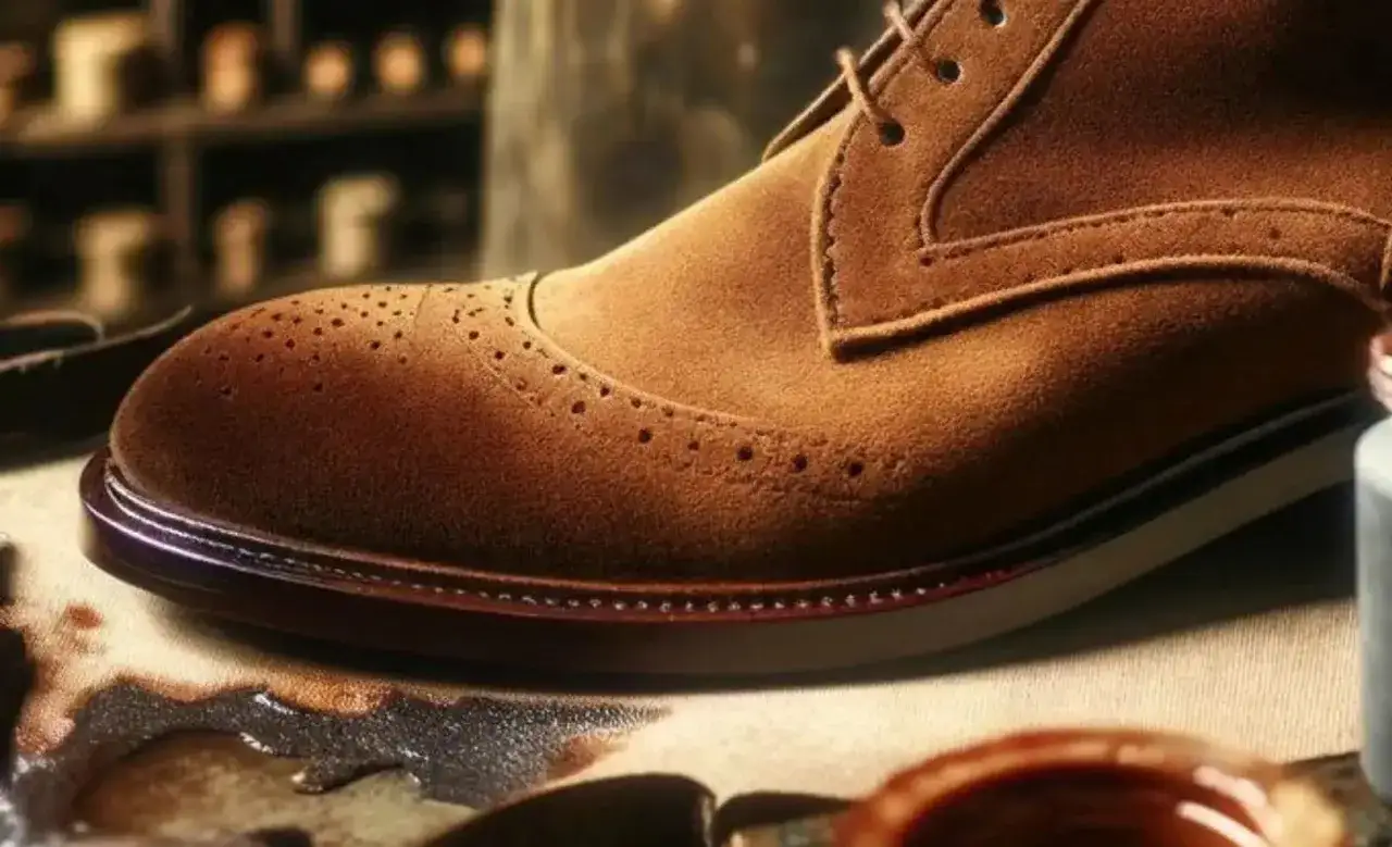 Gros plan sur une chaussure richelieu en daim marron, la matière des chaussures est douce et texturée.