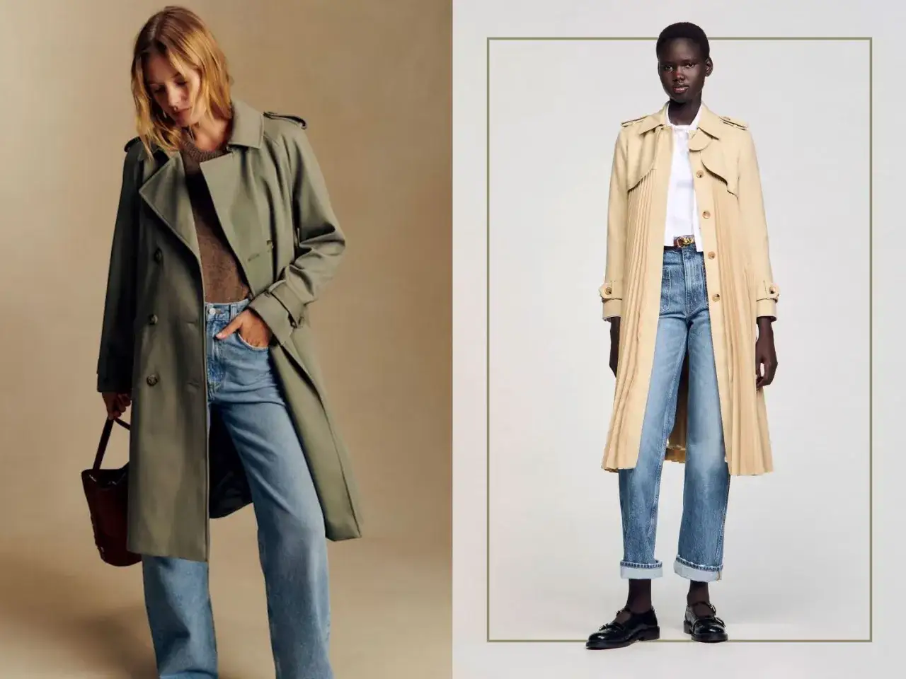 Deux femmes portent des trench-coats longs, l'un vert olive, l'autre beige, avec des jeans. La longueur manteau femme est mise en valeur.