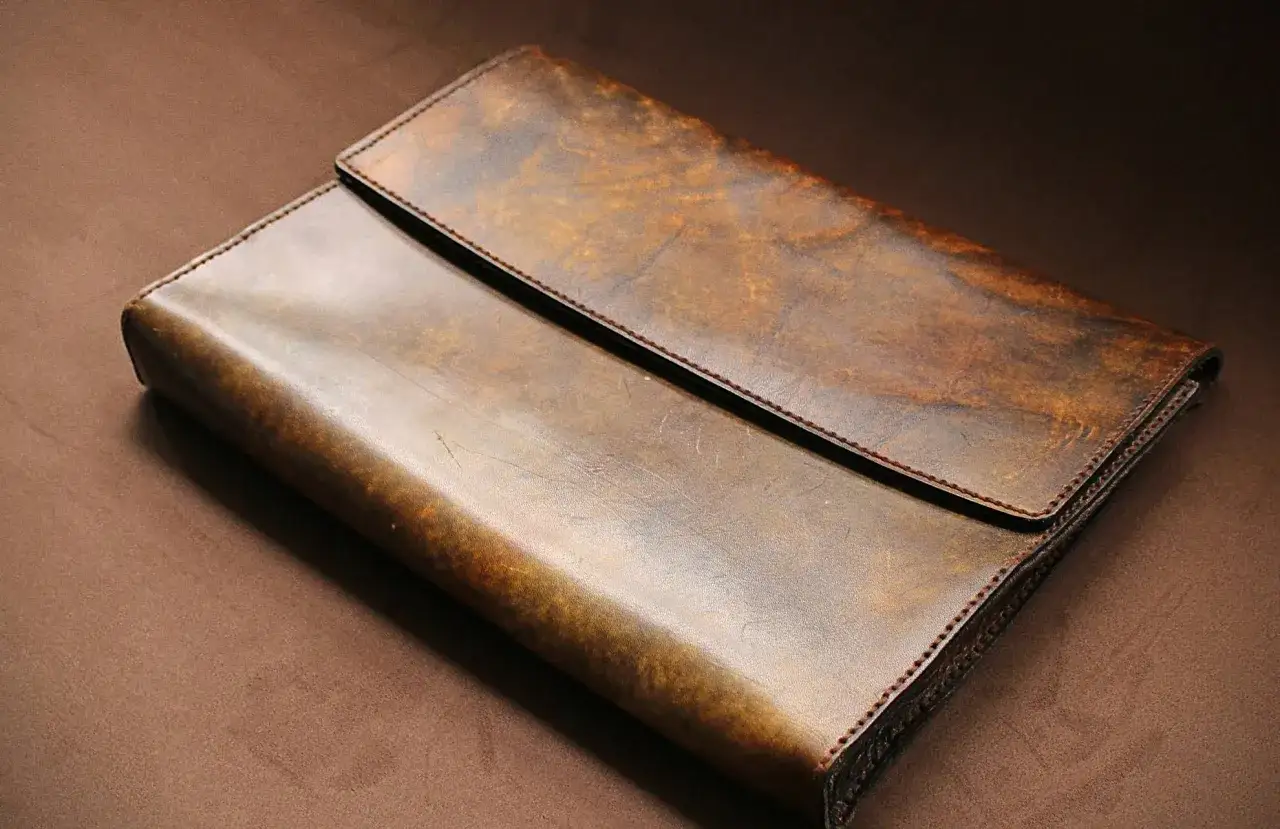 Un portefeuille en cuir pull up vieilli, aux teintes riches et patin&eacute;es, pr&ecirc;t &agrave; raconter de nouvelles histoires.