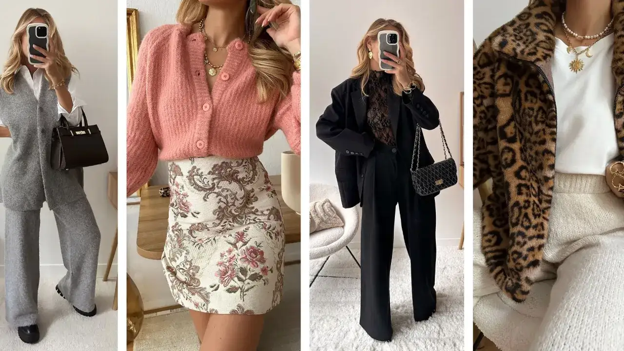Id&eacute;es pour comment s'habiller pour No&euml;l femme : tailleur gris, robe fleurie rose, tailleur noir chic, ou manteau l&eacute;opard.