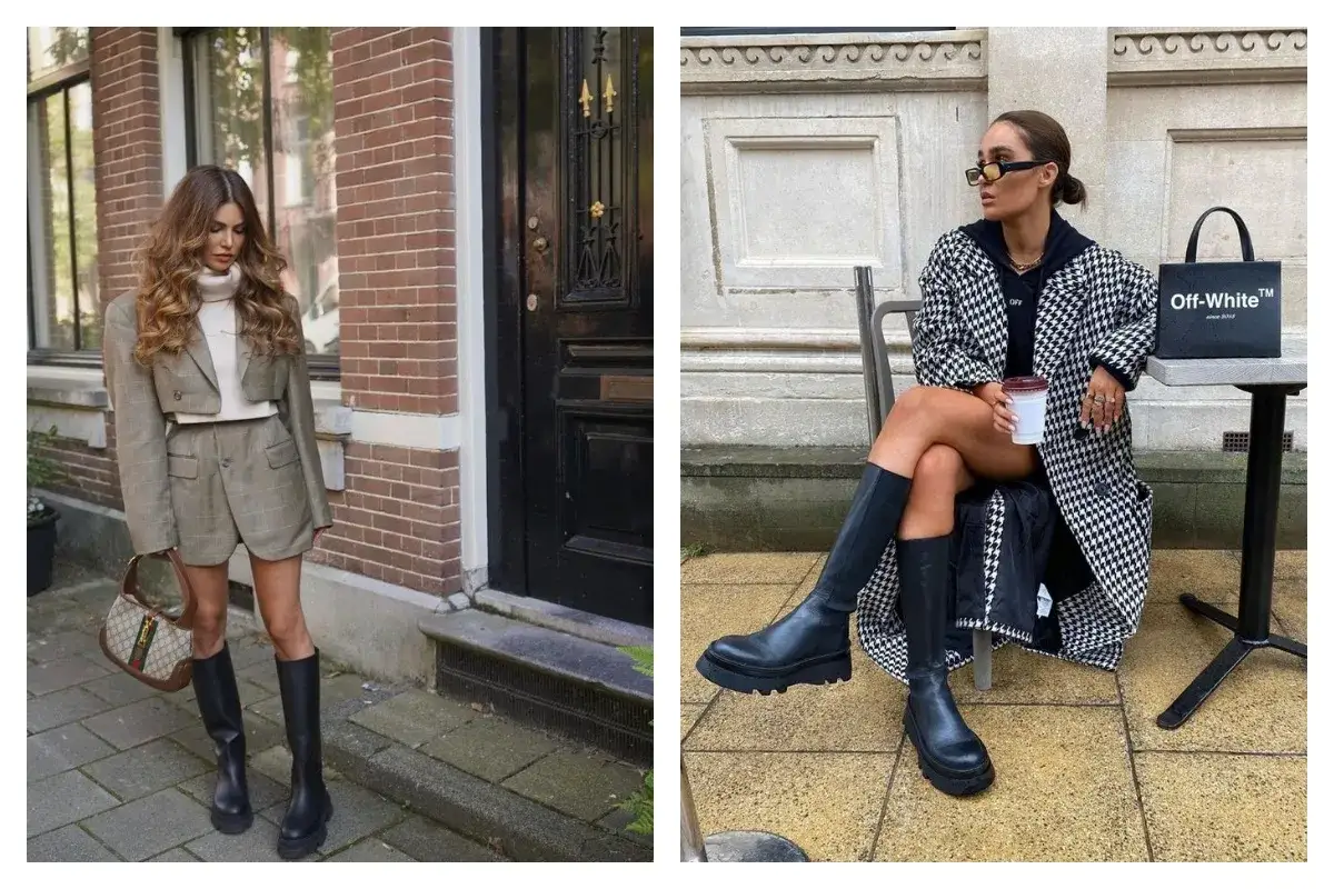 Comment porter des bottes hautes quand on est petite : deux looks stylés avec des bottes hautes, l'une avec un tailleur court, l'autre avec un manteau pied-de-poule.