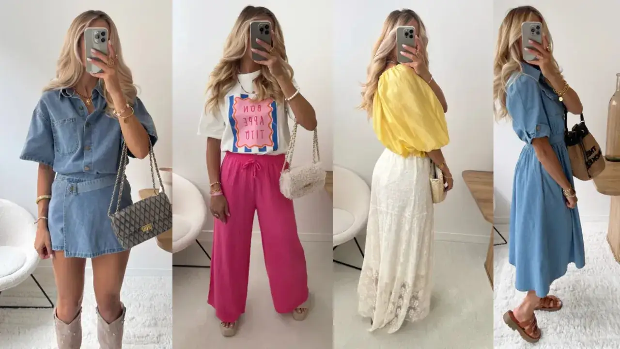Quatre idées pour savoir comment s'habiller aujourd'hui femme : total look denim, pantalon fuchsia et t-shirt graphique, jupe en dentelle et top jaune, ou robe en jean.