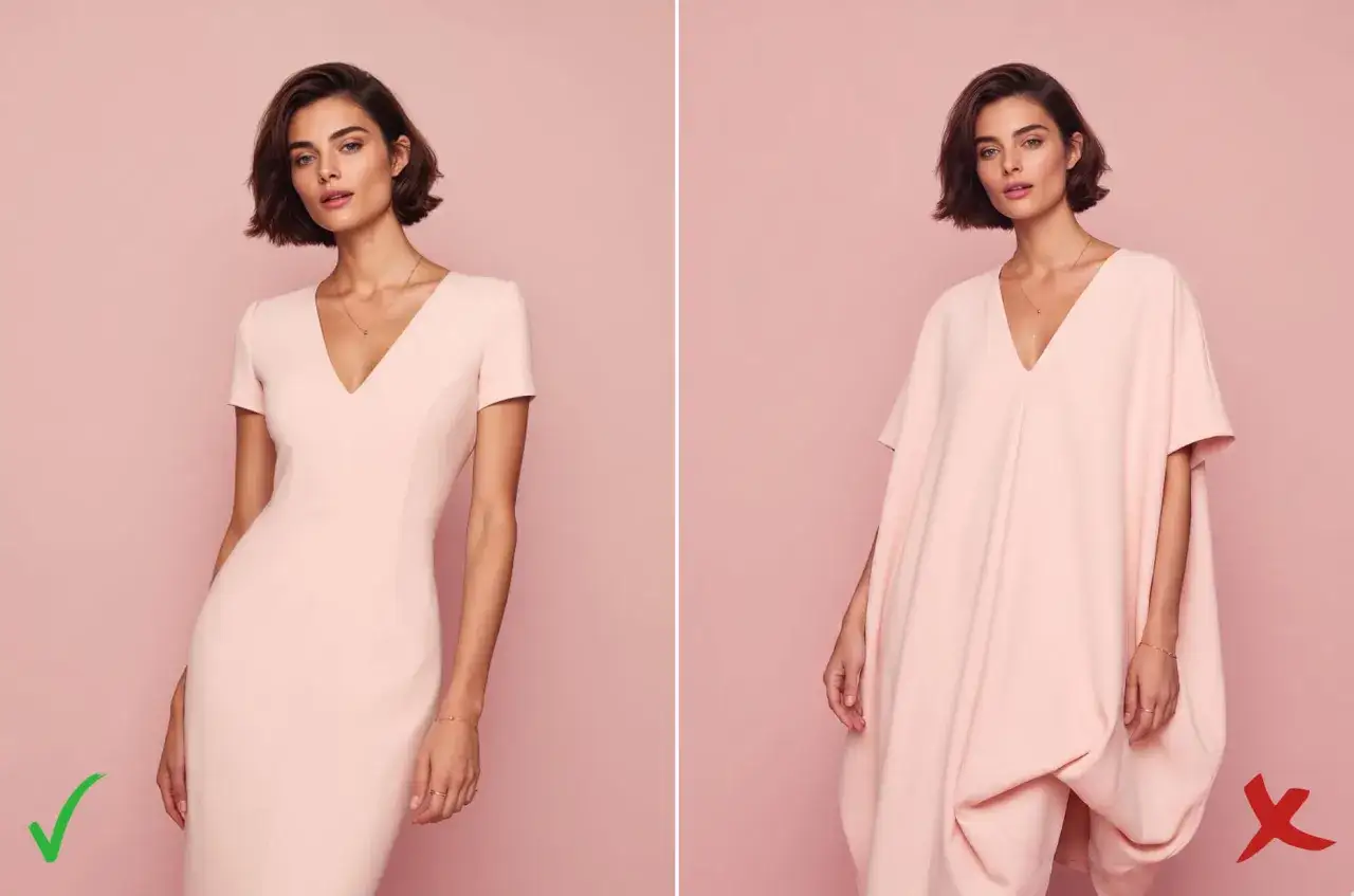 Une femme en robe rose moulante qui met en valeur sa silhouette, comparée à une autre robe trop ample qui cache sa hanche large.