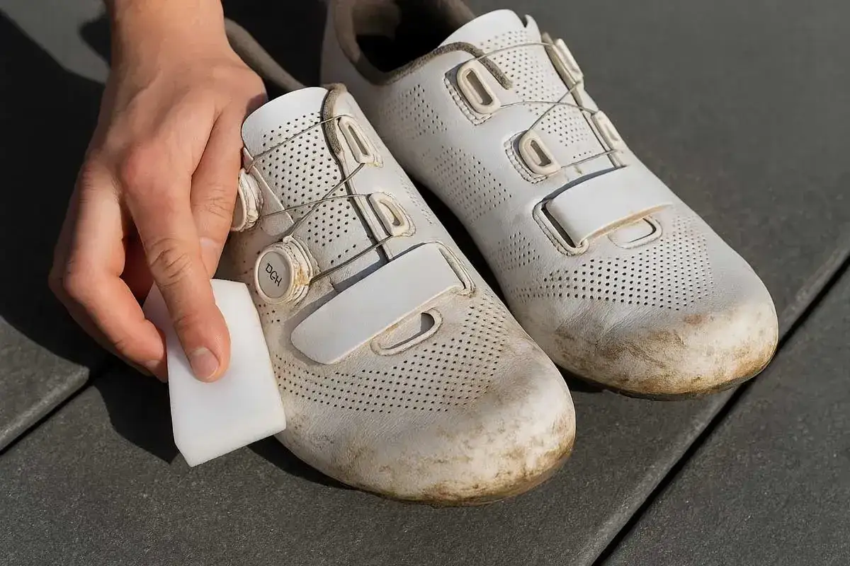 Main d'une personne utilisant une gomme magique pour nettoyer le simili cuir d'une chaussure de vélo sale. Le bicarbonate est une astuce pour nettoyer le simili cuir.