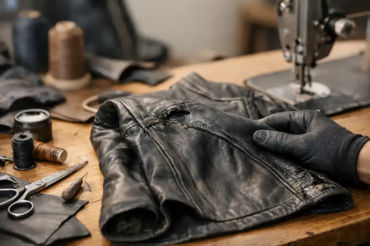 Main d'un artisan en gant noir tenant une veste en cuir noir abîmée, prête à être restaurée. Outils de couture et fils sur la table.