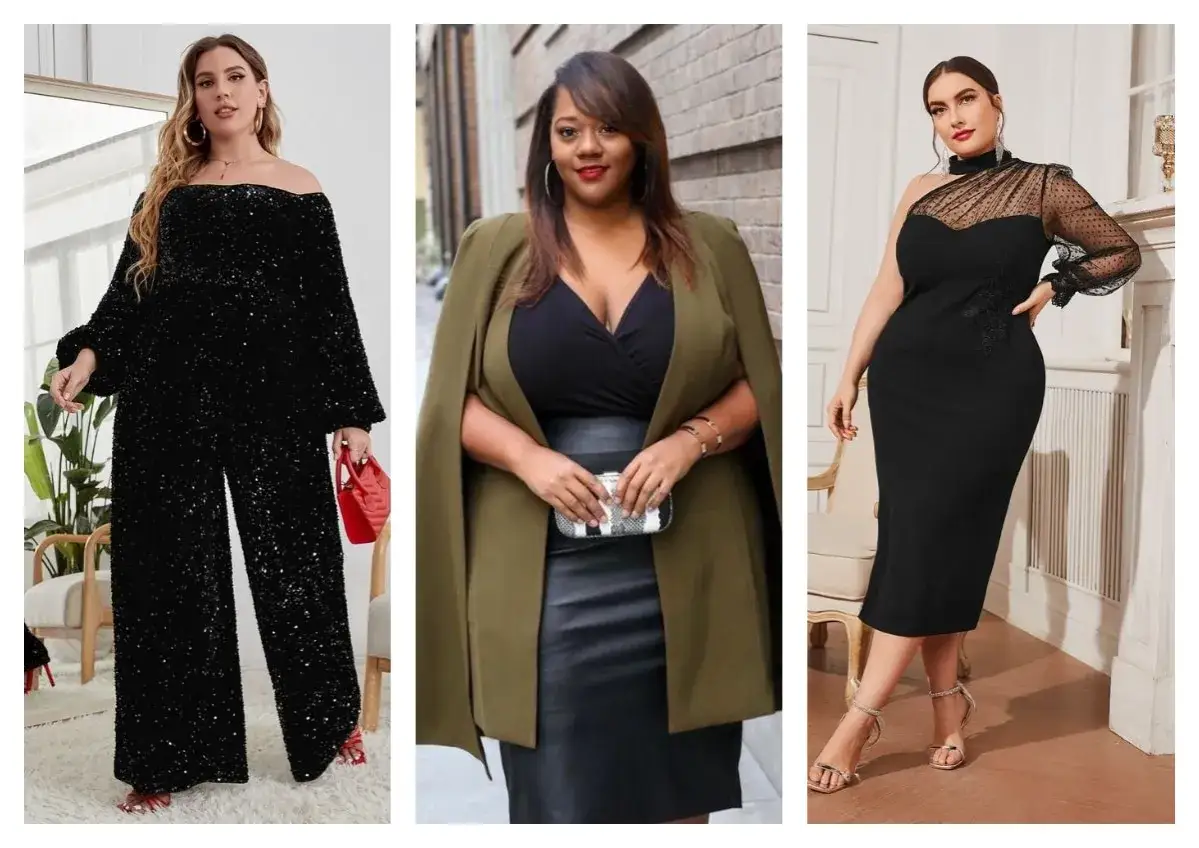 Idées de tenues pour comment s'habiller pour un premier rdv quand on est ronde : combinaison pailletée, robe noire élégante, ou tailleur chic.