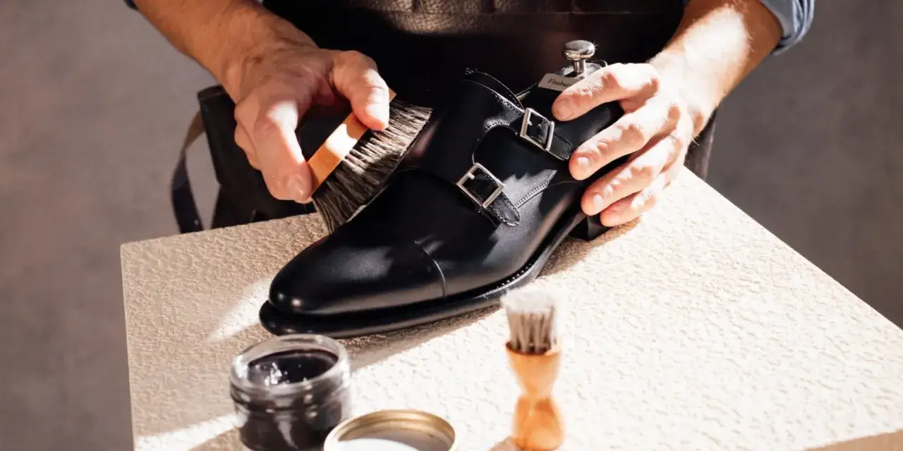 Un cordonnier utilise une brosse pour lustrer une chaussure noire à double boucle. Il est en train de retendre du cuir au sèche-cheveux pour un fini parfait.