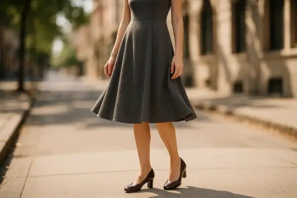 Une femme porte une robe grise évasée arrivant aux genoux, avec des escarpins marron. Parfaites quelles chaussures avec robe genoux pour une allure chic.